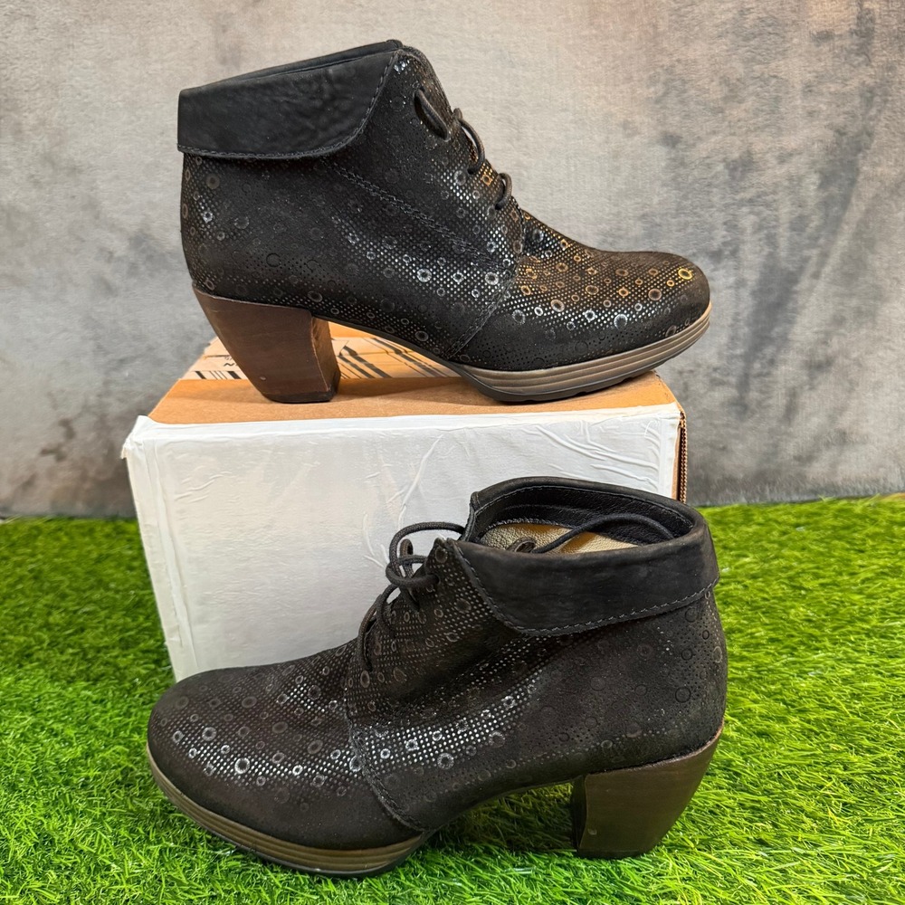 Wolky Ankle Boots Women US 7-7.5 EU 38 Black Suede Lace Up Perforated Block Heel